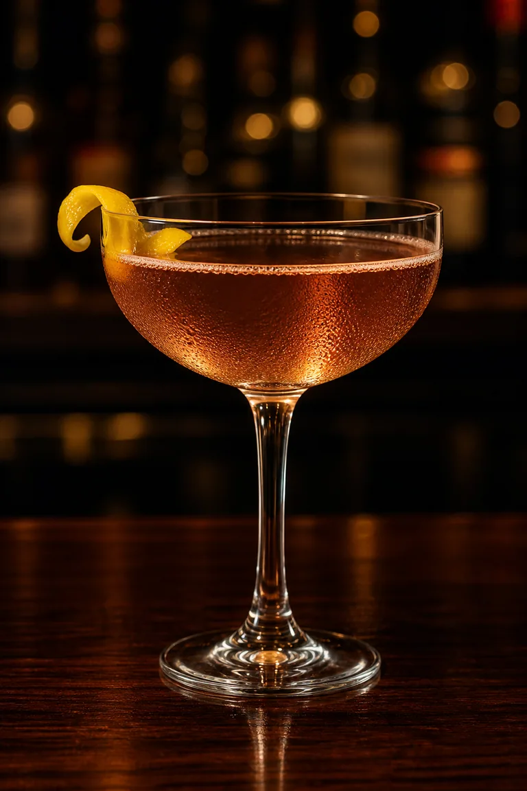 Jack Rose i coupeglas, klar laxrosa drink med citronzest på kanten