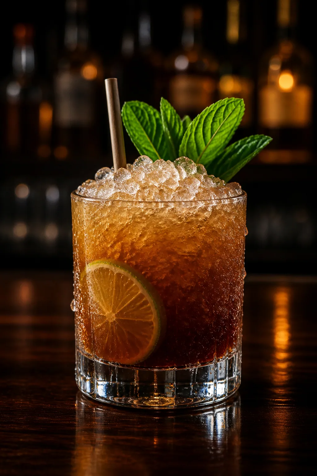 Jet Pilot i lowballglas med krossis, mörkt bärnstensfärgad med mynta och lime
