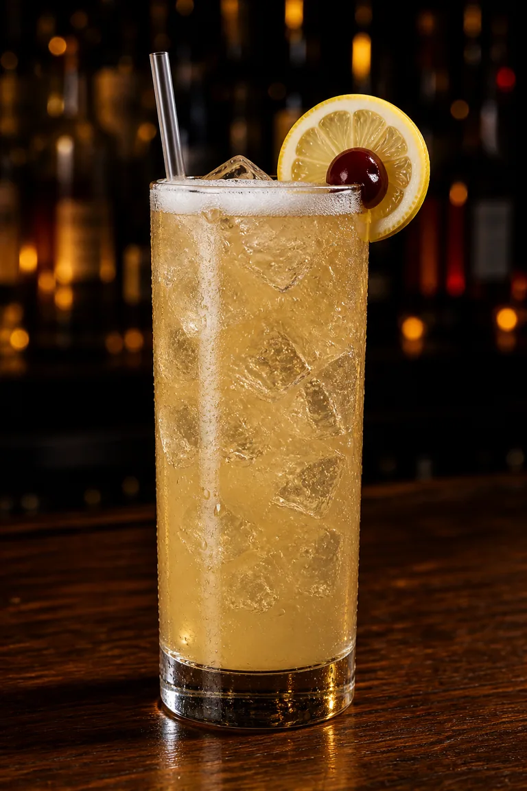 John Collins i högt glas med is, citronskiva och cocktailbär