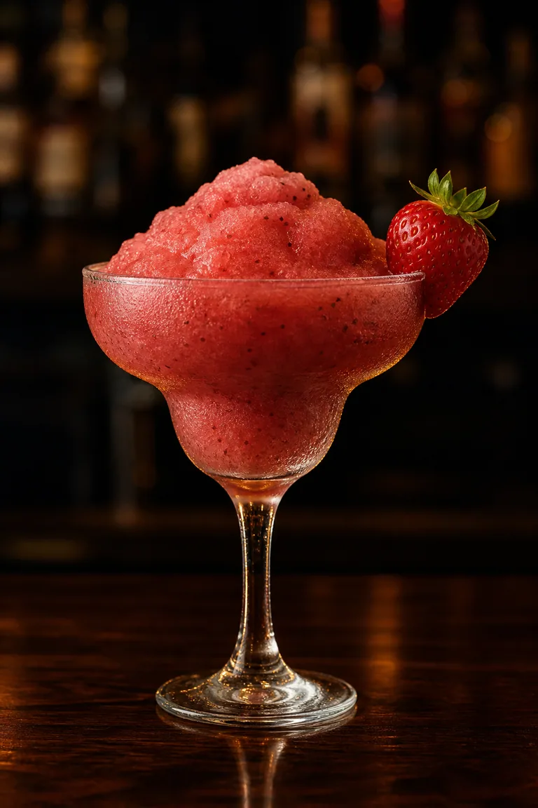 Jordgubbsdaiquiri i margaritaglas, tjock rosa slush med en hel jordgubbe på kanten