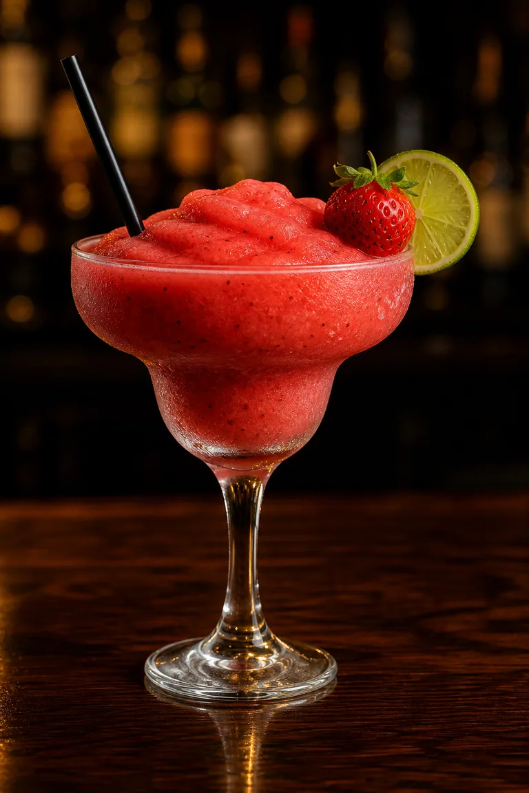 Jordgubbsmargarita i margaritaglas med rosaröd slush, jordgubbe och limeskiva