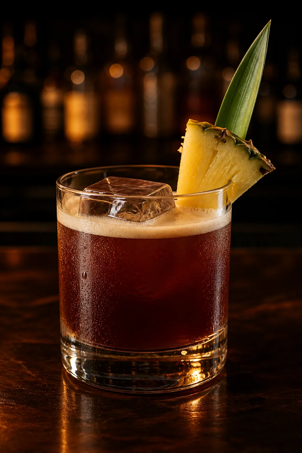 Jungle Bird i lowballglas med mörkröd drink, ljust skum och ananasklyfta
