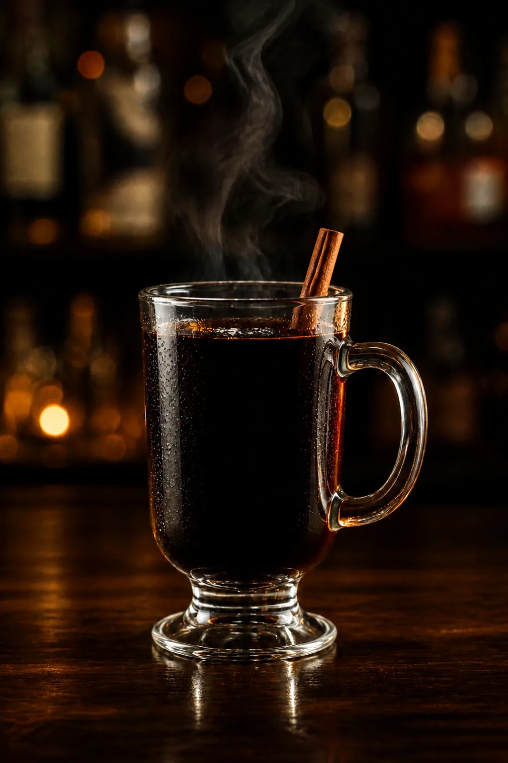 Kaffekask i toddyglas med varmt svart kaffe och en kanelstång