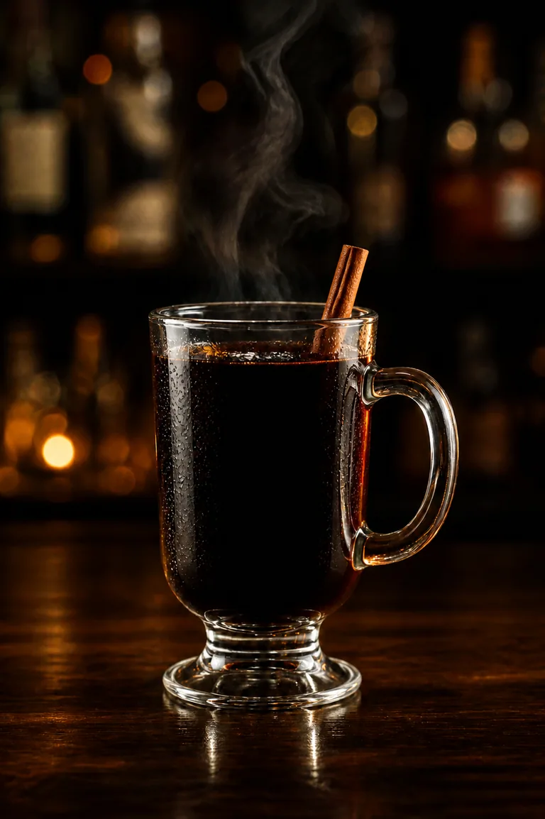 Kaffekask i toddyglas med varmt svart kaffe och en kanelstång