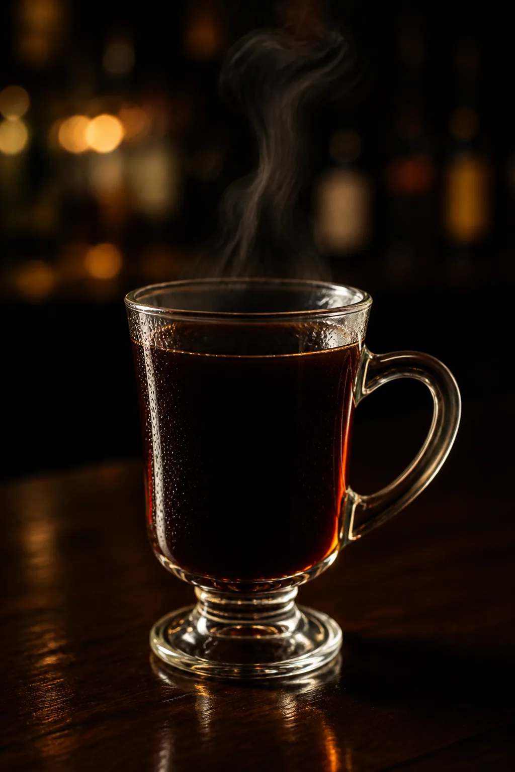 Karsk i toddyglas med hett svart kaffe och en sockerbit i botten