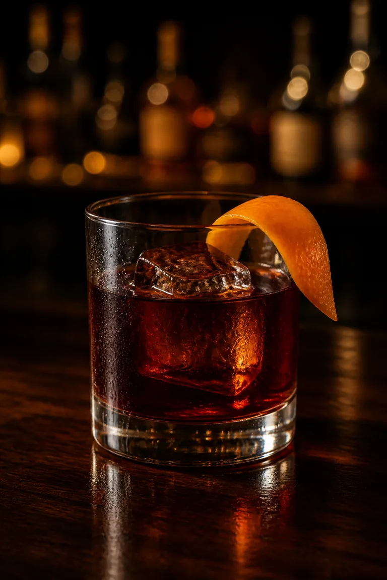Kingston Negroni i lowballglas med mörkt rödbrun drink och apelsinzest
