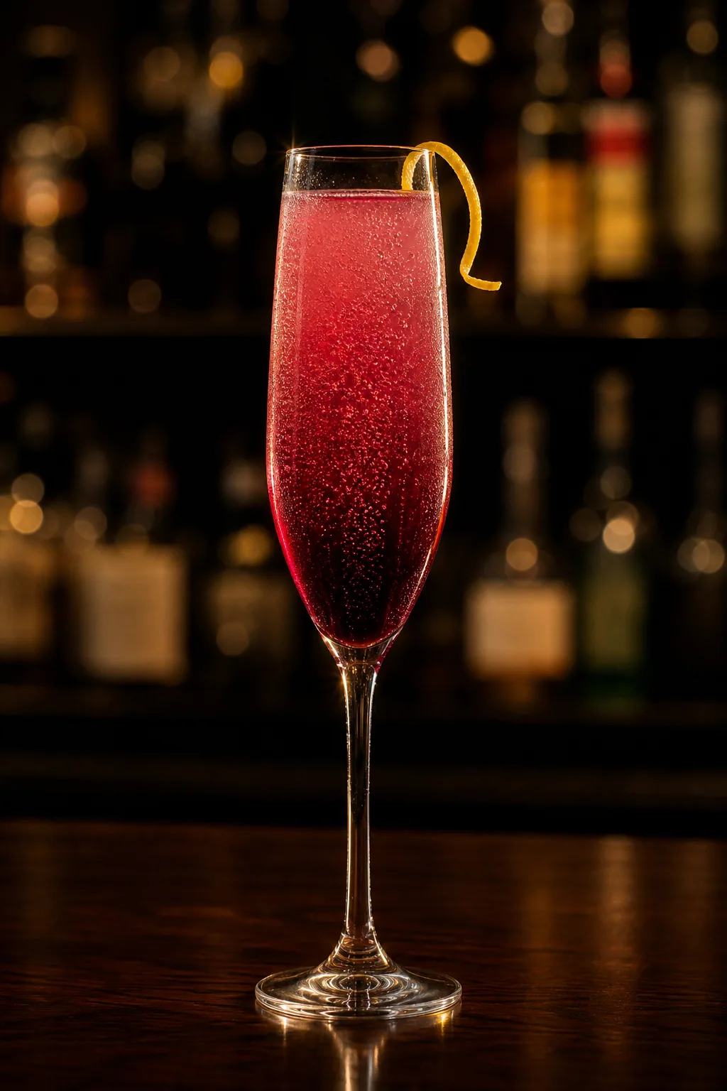 Kir Royal i champagneglas med djupt rubinröd botten och stigande bubblor