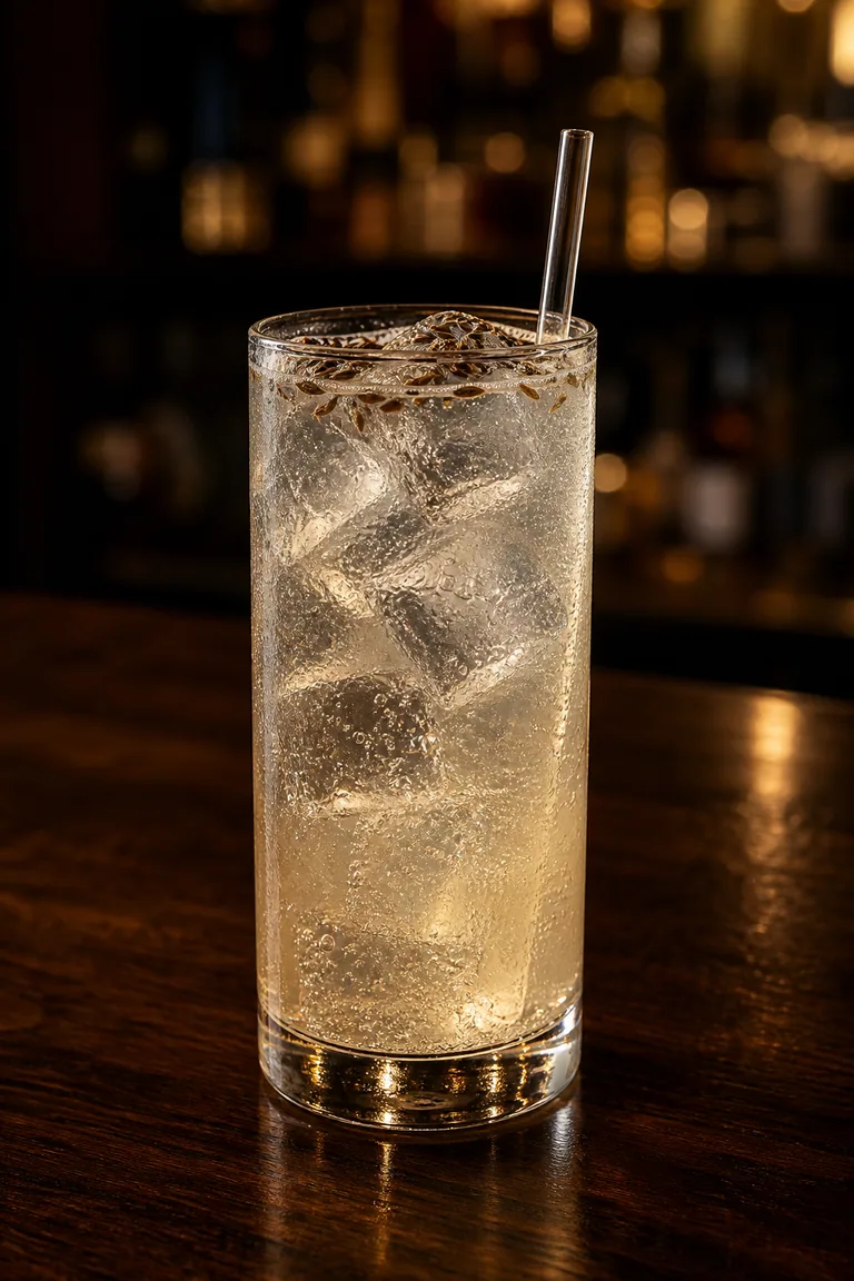 Kummincollins i highballglas med isbitar och rostade kumminfrön på ytan