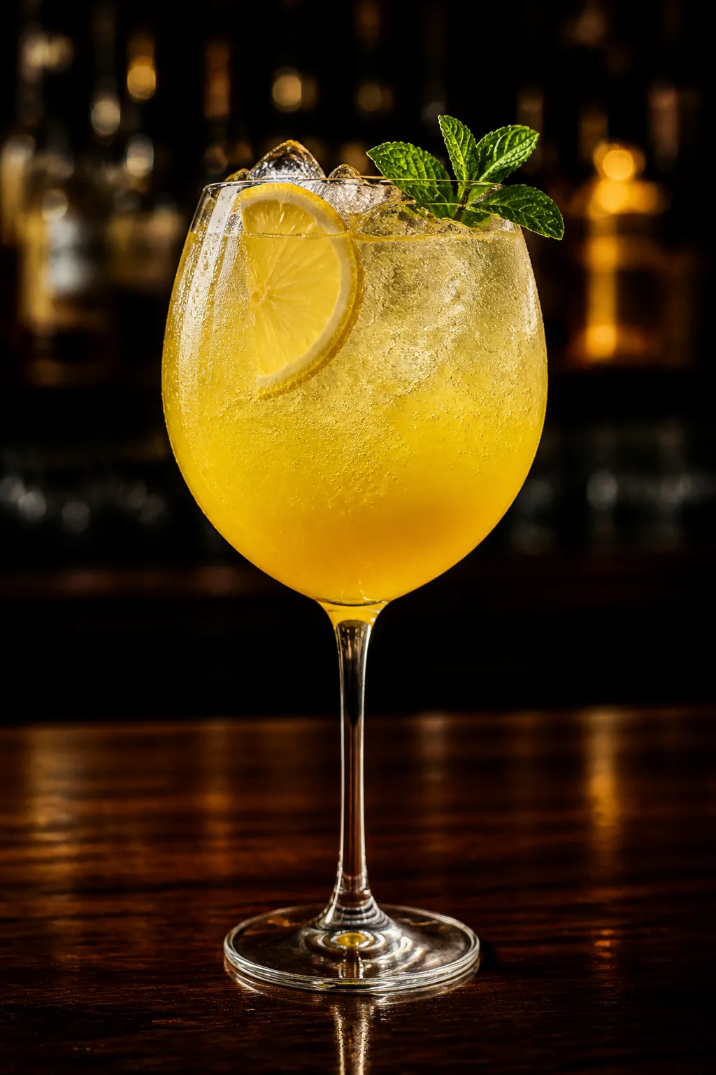Limoncello Spritz i vinglas med gul citronlikör, prosecco och is