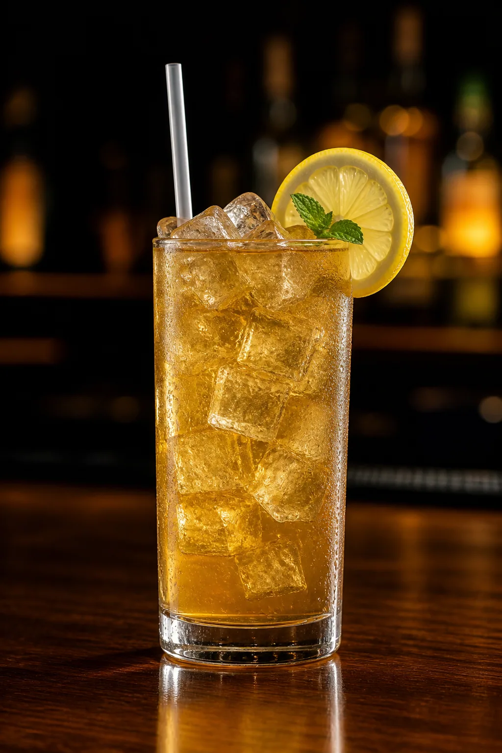 Long Island Iced Tea i highballglas, gyllenbrun som iste med isbitar och citronskiva