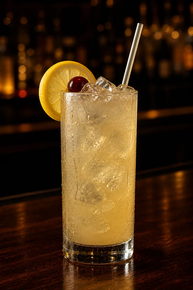 Lynchburg Lemonade i högt glas med is, citronskiva och cocktailbär