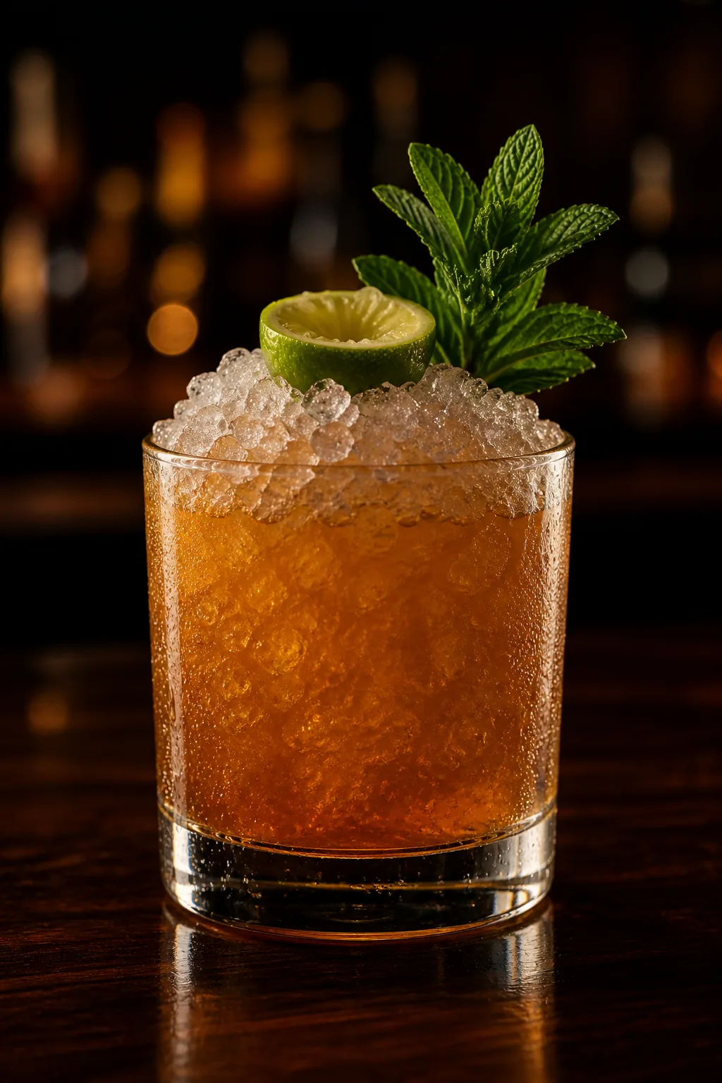 Mai Tai i lowballglas med krossis, urpressat limeskal och myntakvist