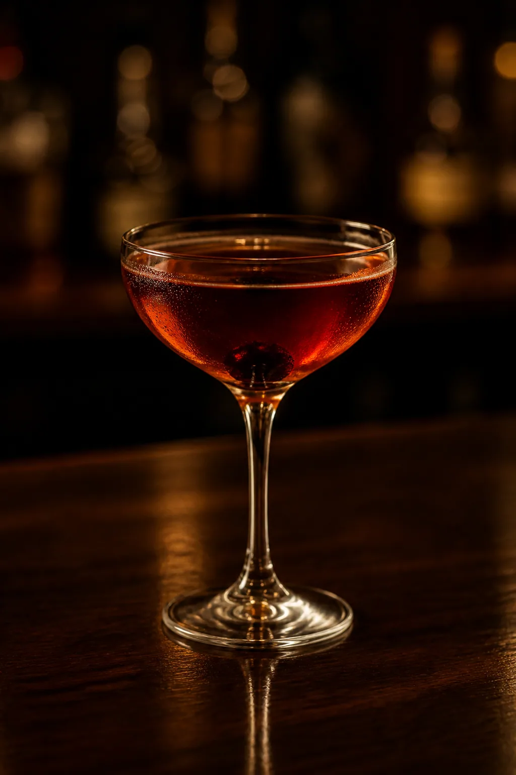 Manhattan i kylt coupeglas med mörkt cocktailbär och utan is