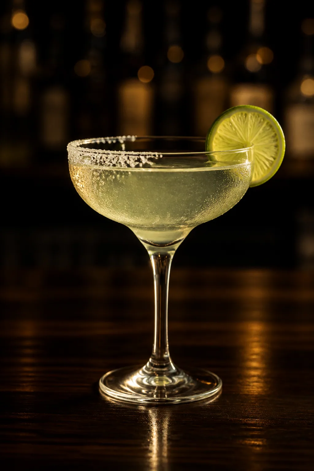 Margarita i margaritaglas med saltkant på halva kanten och en limeskiva