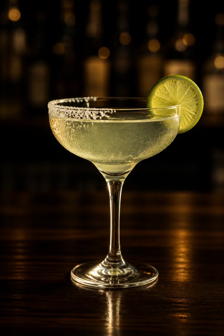 Margarita i margaritaglas med saltkant på halva kanten och en limeskiva