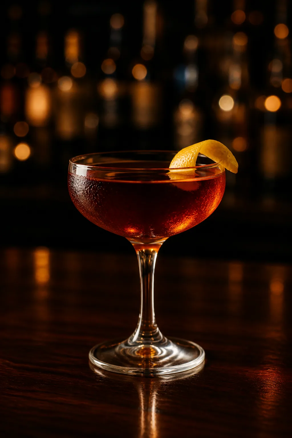 Martinez i coupe med klar bärnstensröd drink och en citronzest på kanten