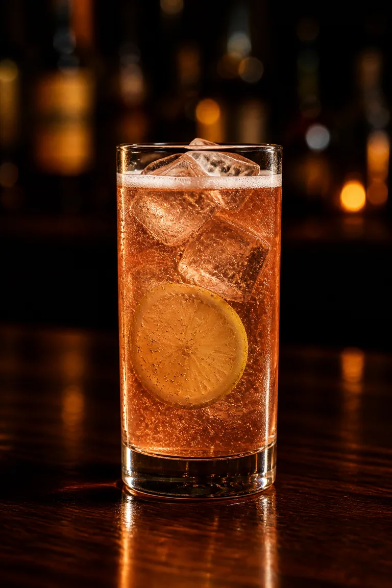 May Blossom Fizz i highballglas, rosaorange drink med is och citronskiva