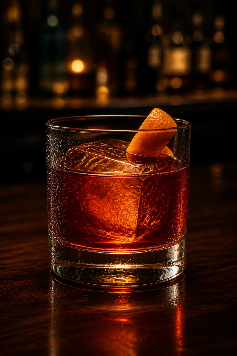 Mezcal Negroni i lowballglas med en stor iskub och en apelsinzest
