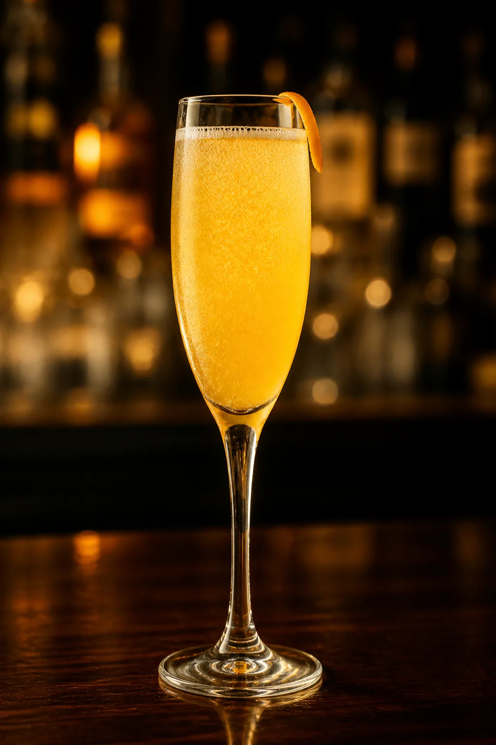 Mimosa i champagneglas med klargul apelsinfärg och stigande bubblor