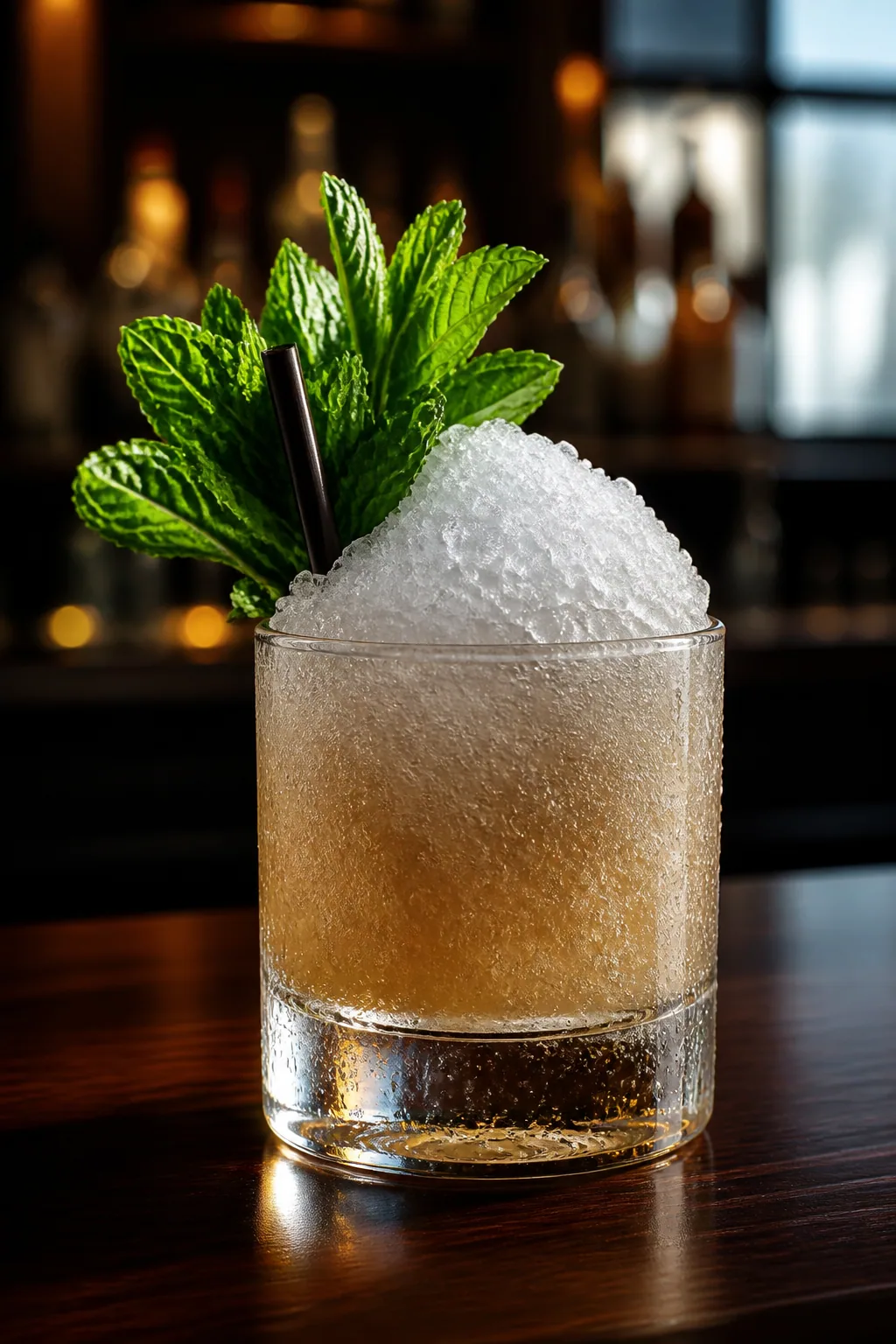 Mint Julep i frostig bägare med kupol av krossis och stor myntakvist