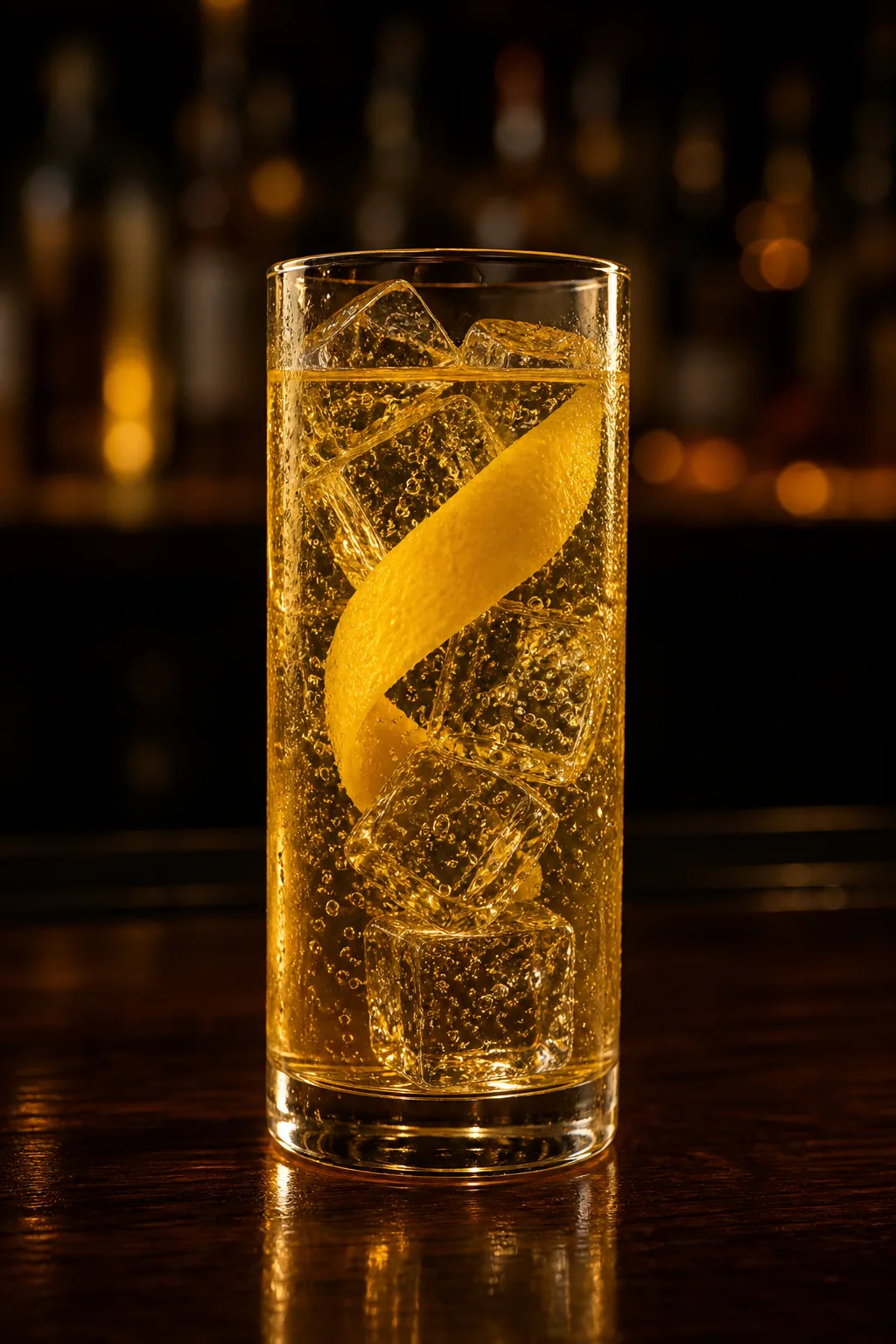 Mjödhighball i highballglas med stora isbitar och en bred citronzest
