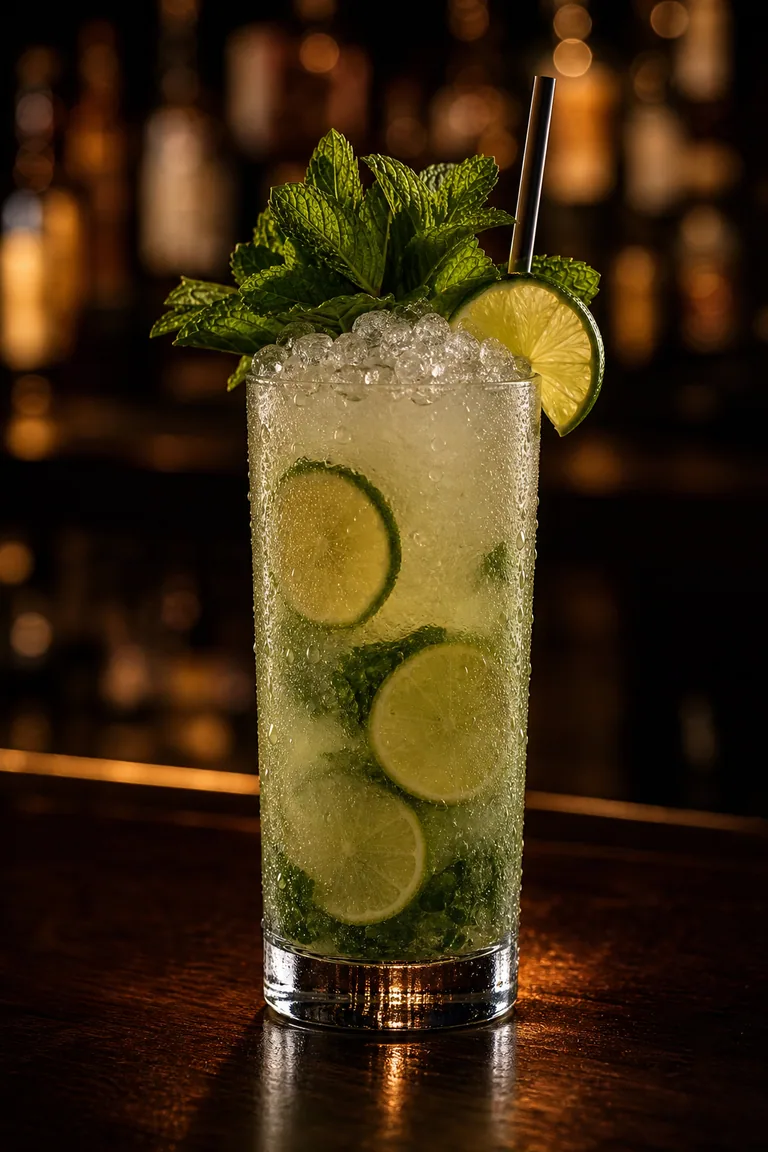 Mojito i highballglas med krossis, limeskivor och en stor myntakvist
