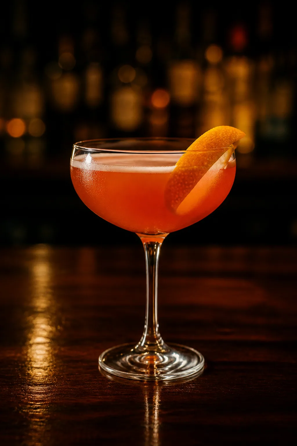 Monkey Gland i coupeglas, orangeröd drink med apelsinzest på kanten