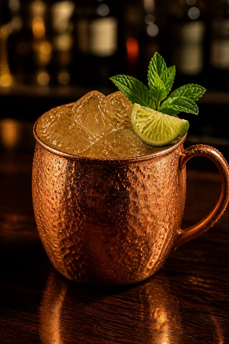 Moscow Mule i kopparmugg med isbitar, limeklyfta och myntakvist