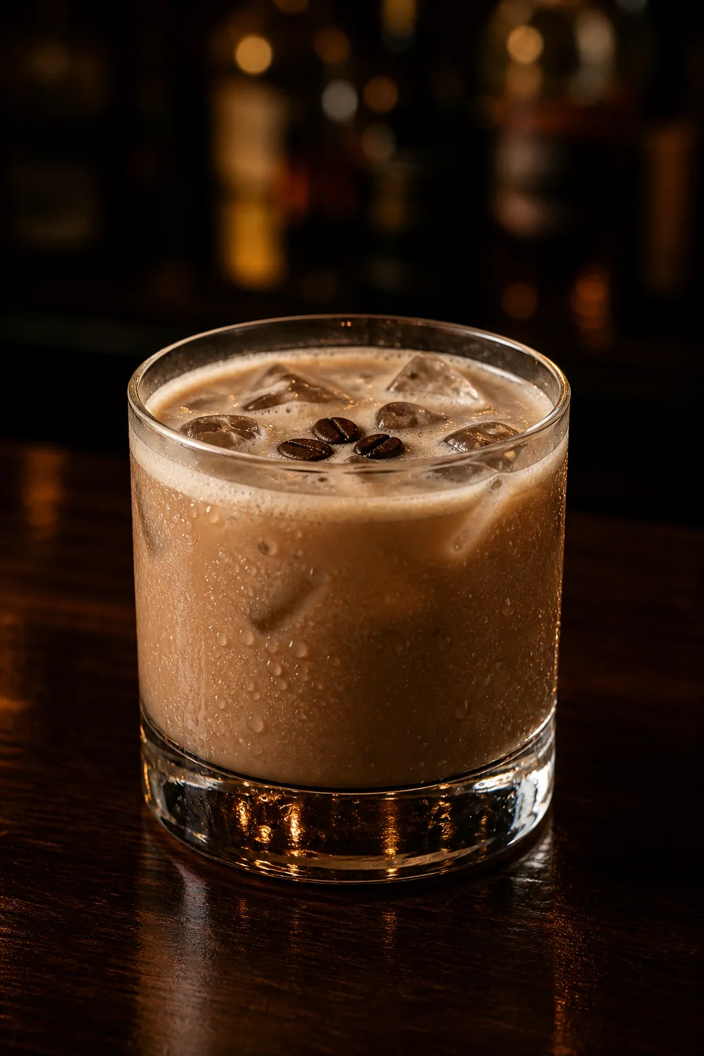 Mudslide i lowballglas, ljusbrun och krämig med tre kaffebönor på ytan