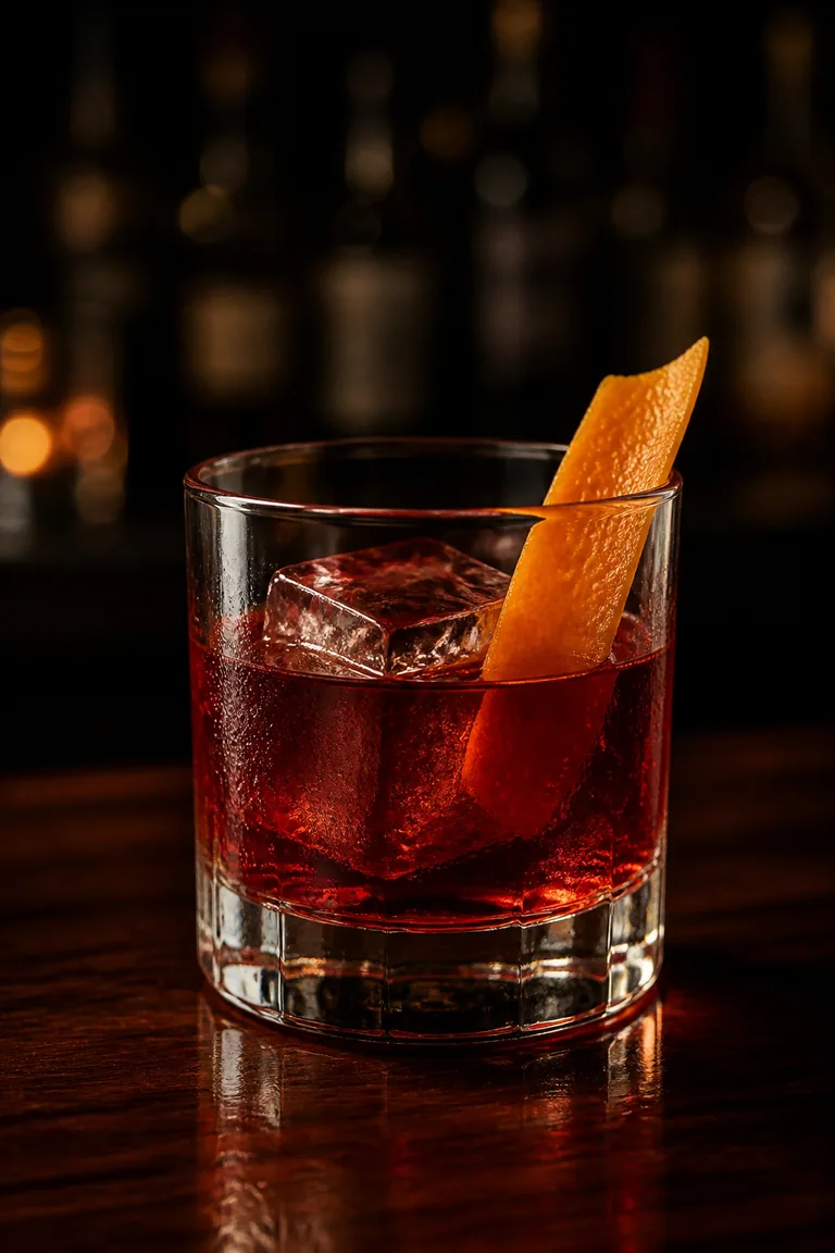 Negroni i lowballglas med en stor isbit och apelsinzest