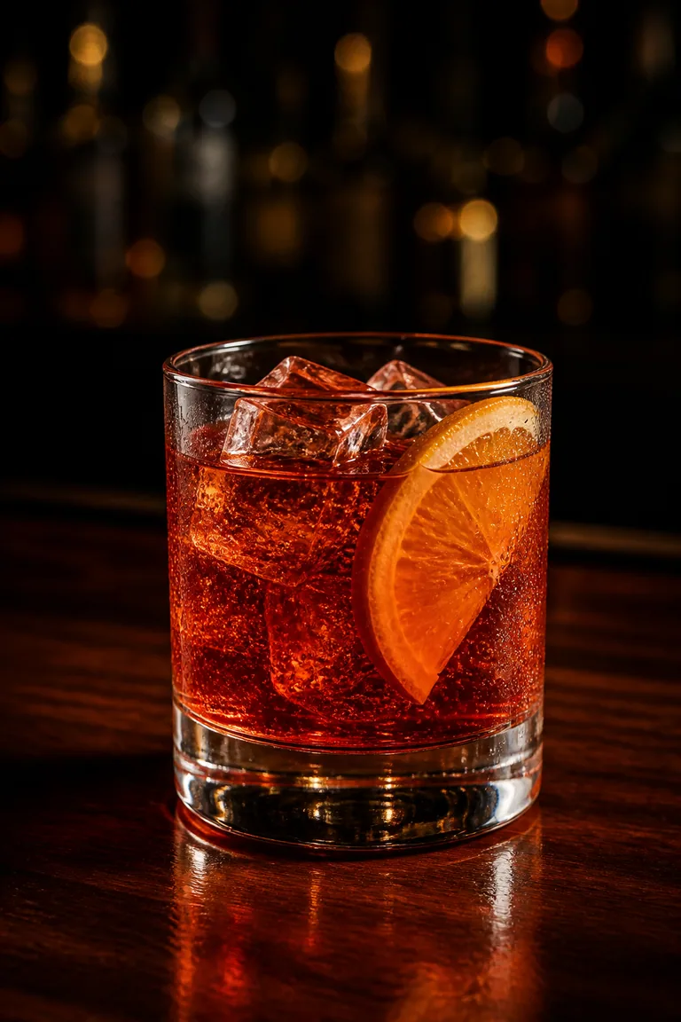 Negroni Sbagliato i lowballglas med is, apelsinskiva och djupröd färg