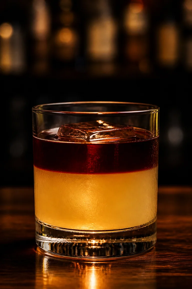 New York Sour i lowballglas med gyllene sour och mörkrött vinlager överst