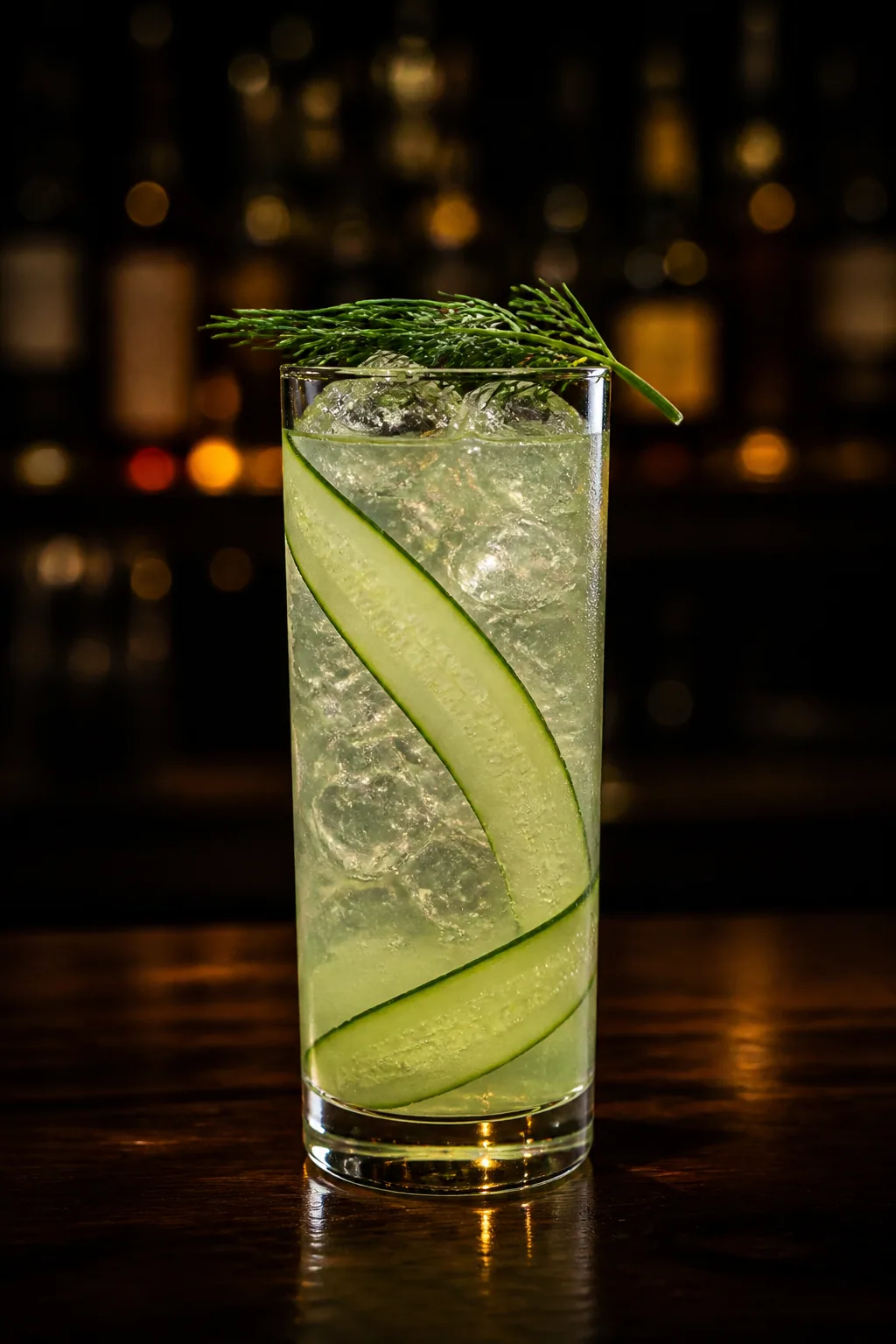 Nordic Summer i highballglas med blekt grön drink, gurkskiva och dillkvist