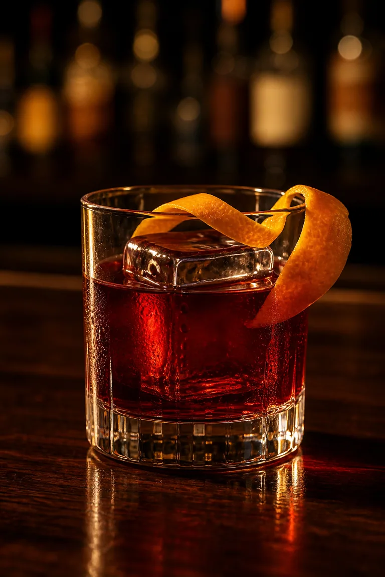 Nordisk Negroni i lowballglas med djupt röd färg, stor isbit och apelsinzest