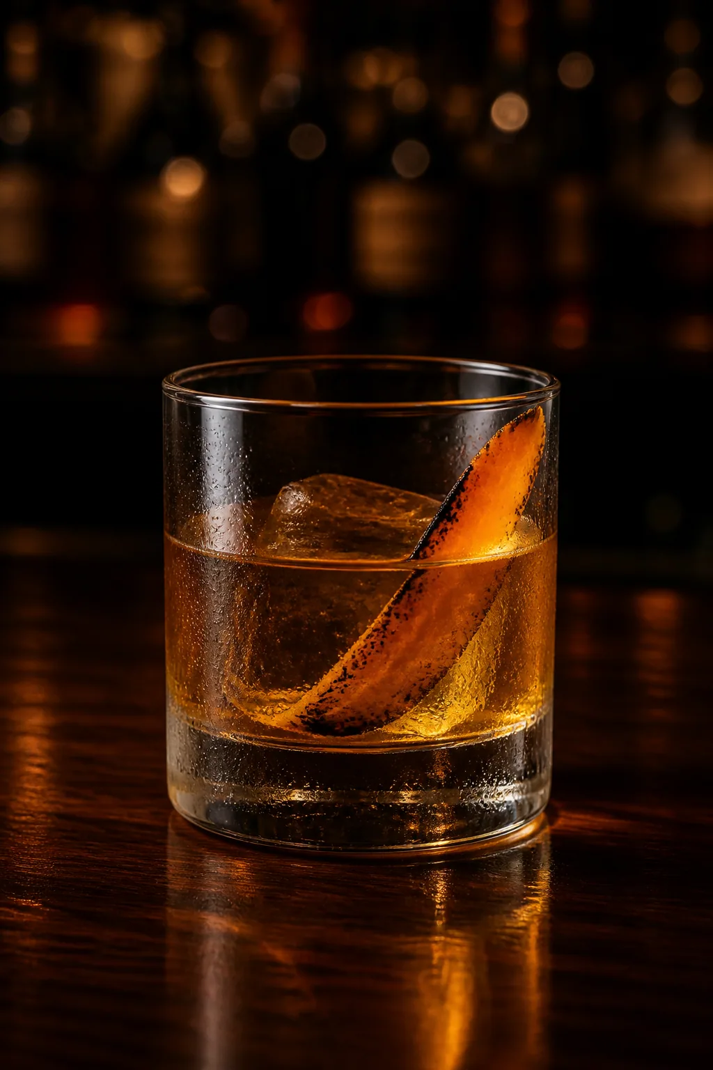 Oaxaca Old Fashioned i lowballglas med en stor iskub och flamberad apelsinzest