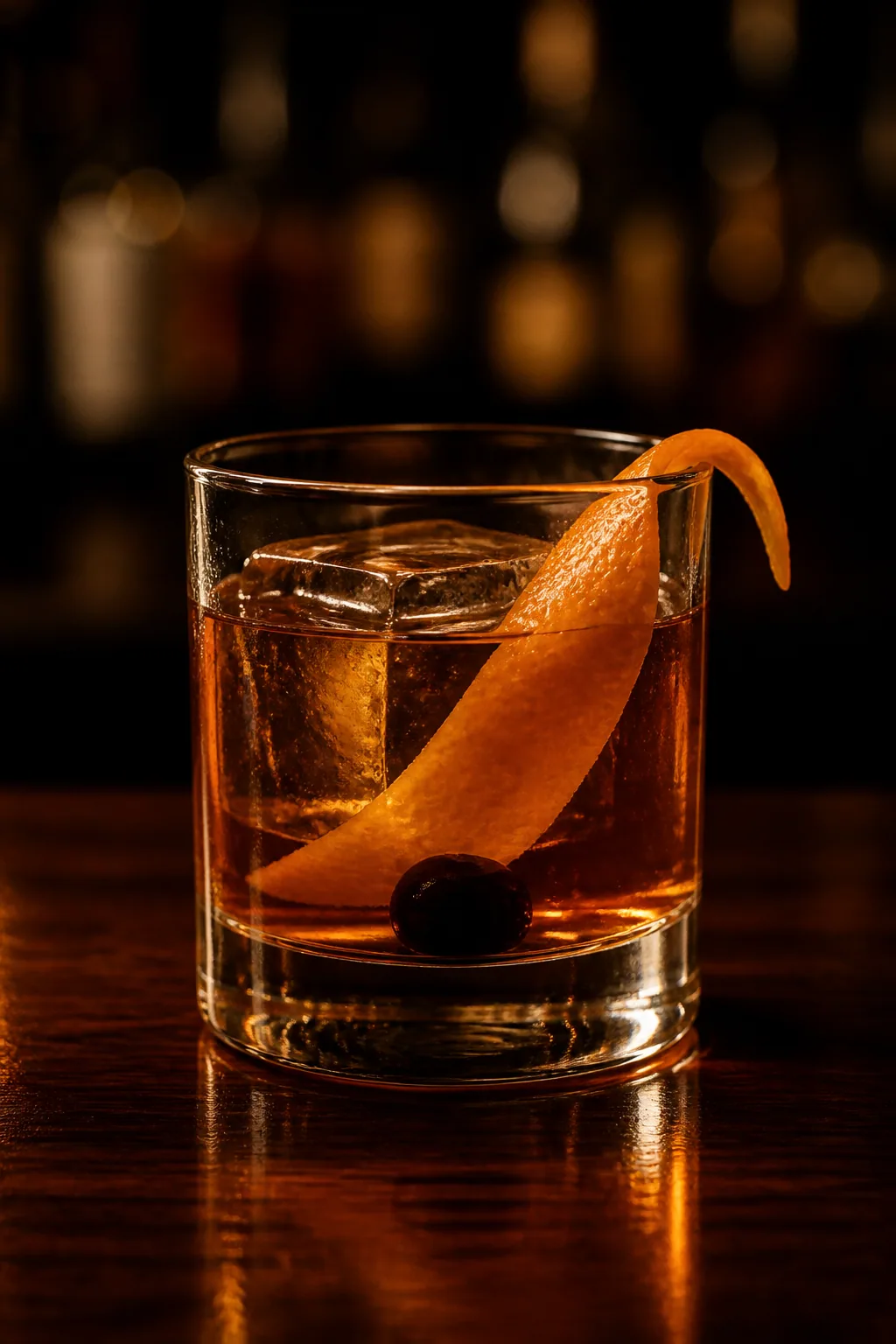 Old Fashioned i lowballglas med en stor klar isbit och apelsinzest