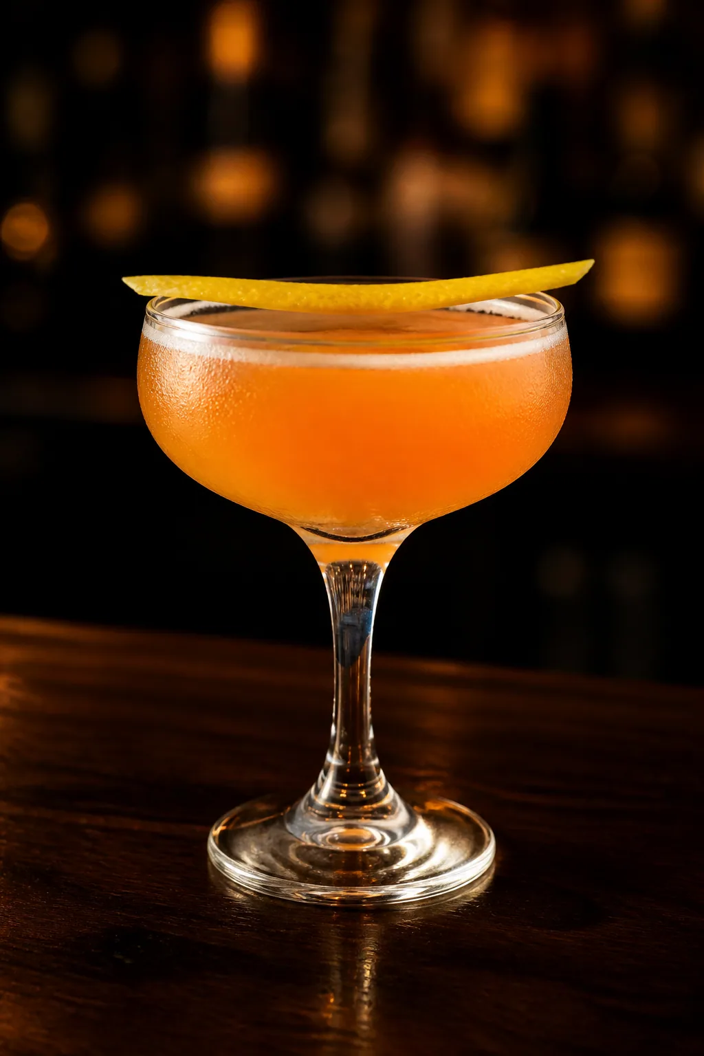 Paper Plane i coupeglas, aprikosorange drink med tunt skum och citronzest