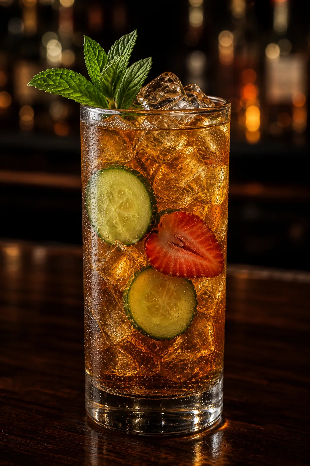 Pimm’s Cup i highballglas med gurkskivor, apelsin, jordgubbe och mynta