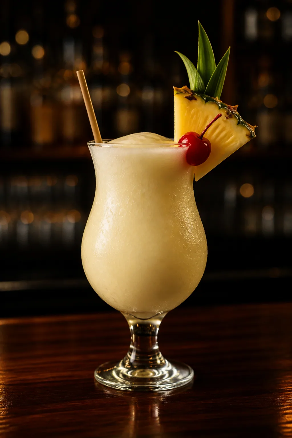 Piña Colada i hurricaneglas, tjock och krämgul, med ananasklyfta och sugrör