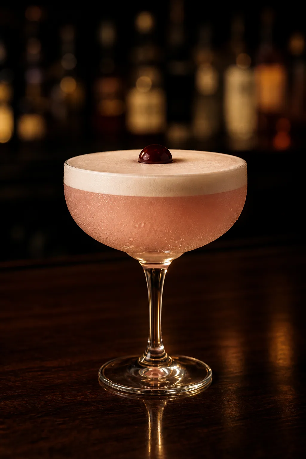 Pink Lady i coupe med rosa drink under ett tätt vitt skumlager