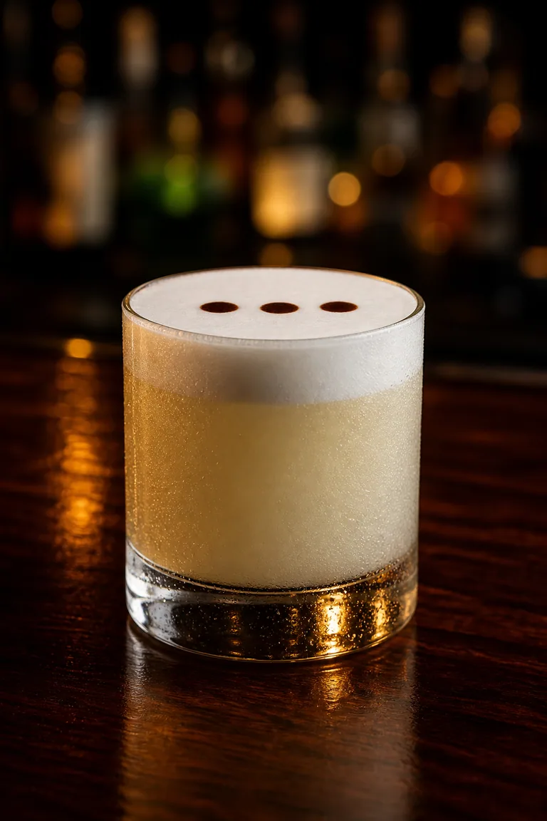 Pisco Sour i lågt glas med högt vitt skum och tre droppar angostura på ytan