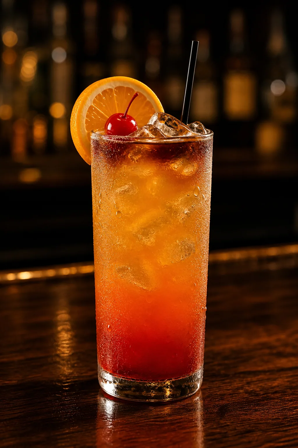 Planter’s Punch i highballglas med isbitar, apelsinskiva och cocktailbär