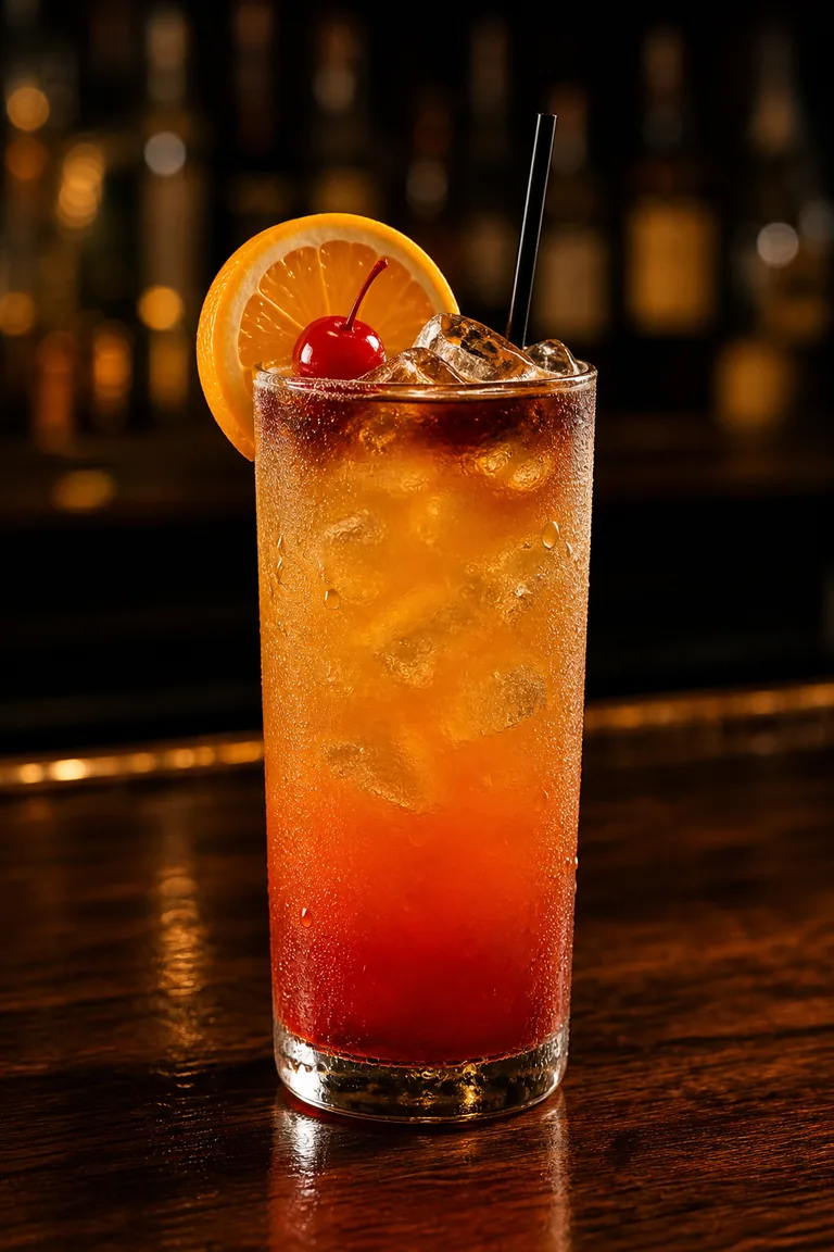 Planter’s Punch i highballglas med isbitar, apelsinskiva och cocktailbär