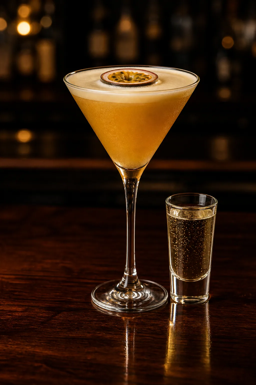 Pornstar Martini i martiniglas med halv passionsfrukt på skummet och en shot champagne bredvid