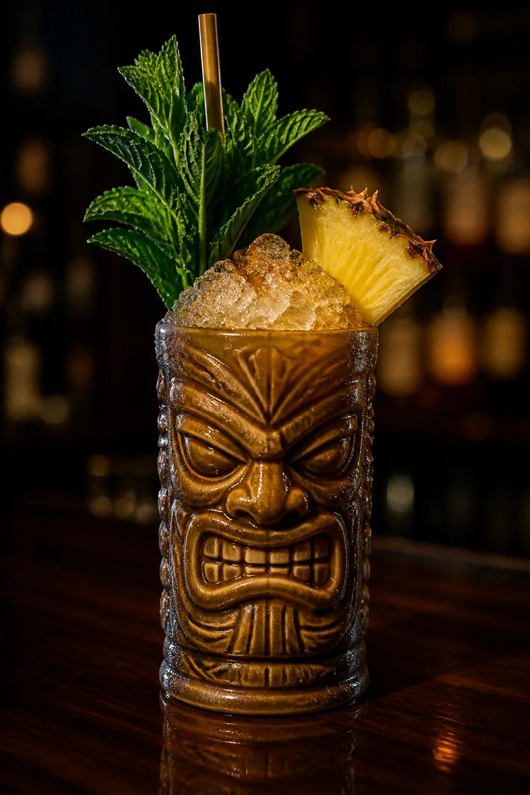 Puka Punch i tikimugg med krossis, mynta och ananasklyfta