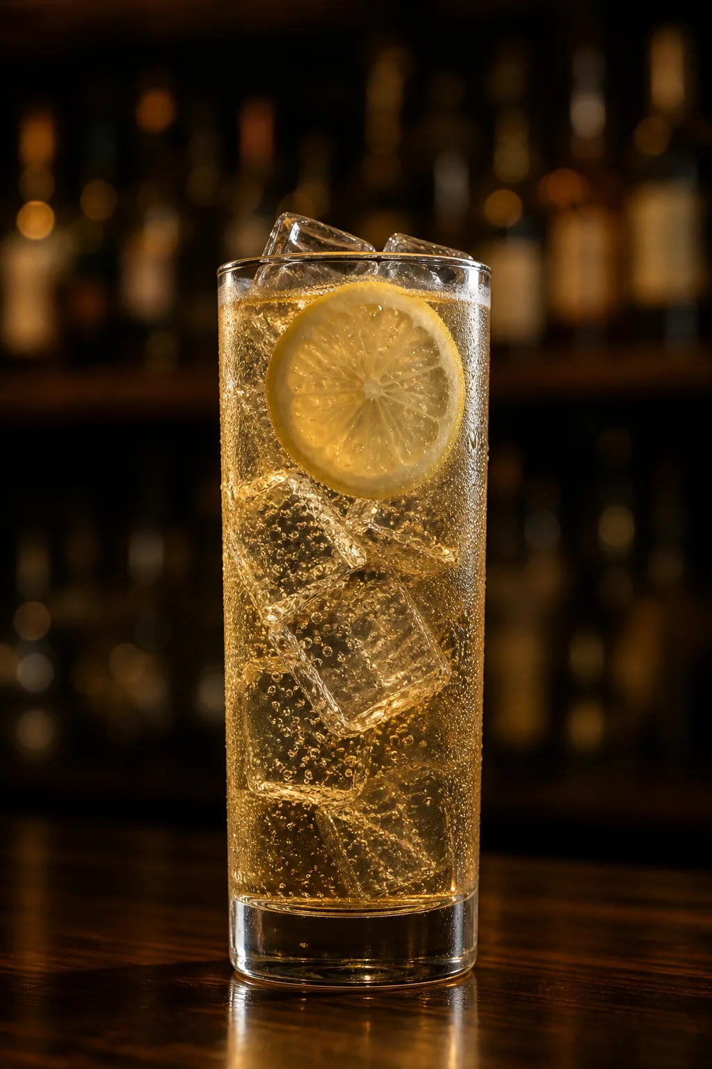 Punsch Collins i highballglas med isbitar, gyllene dryck och en citronskiva