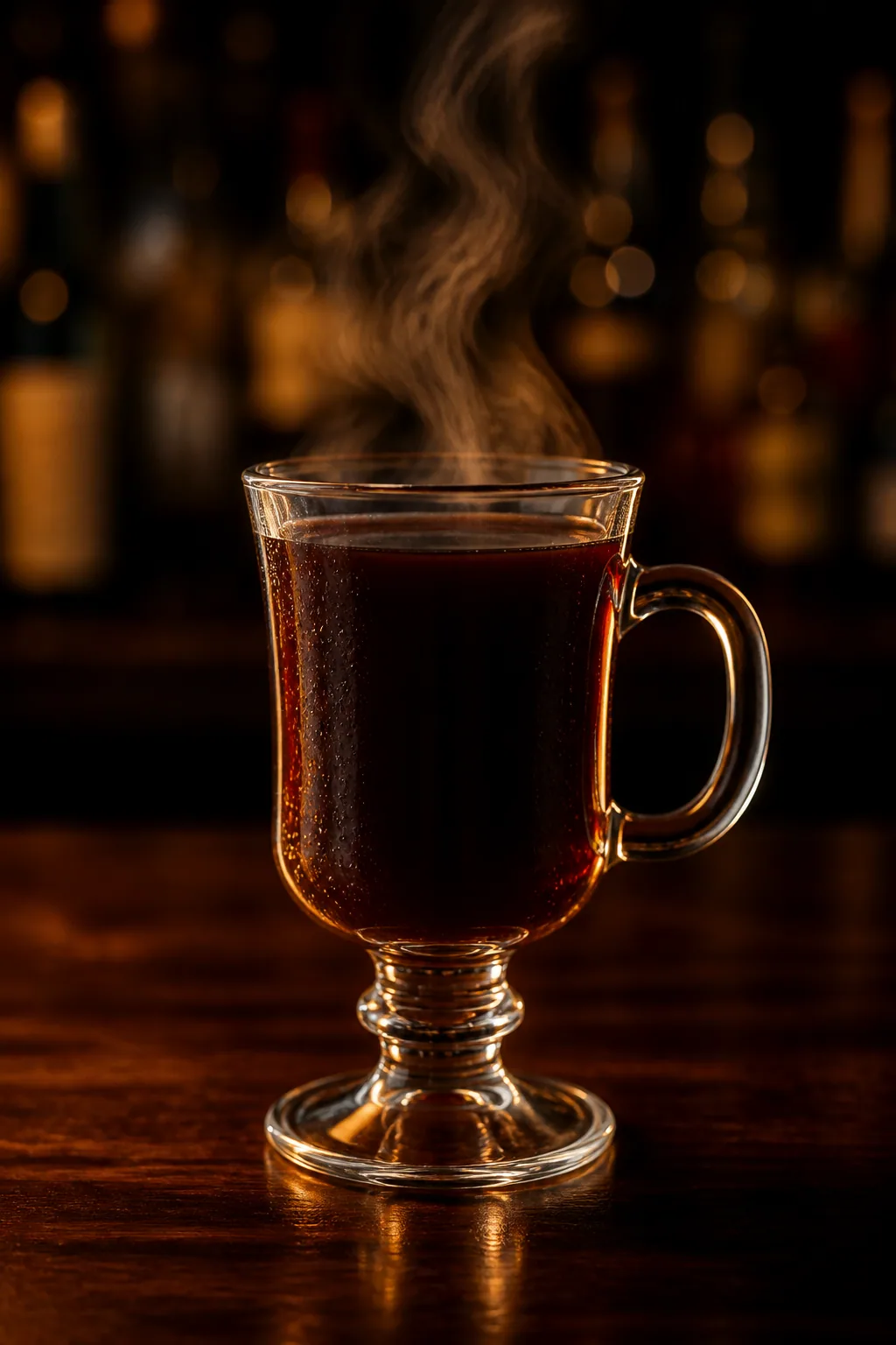 Punsch i kaffet, varmt mörkt kaffe med svensk punsch i ett glas med handtag