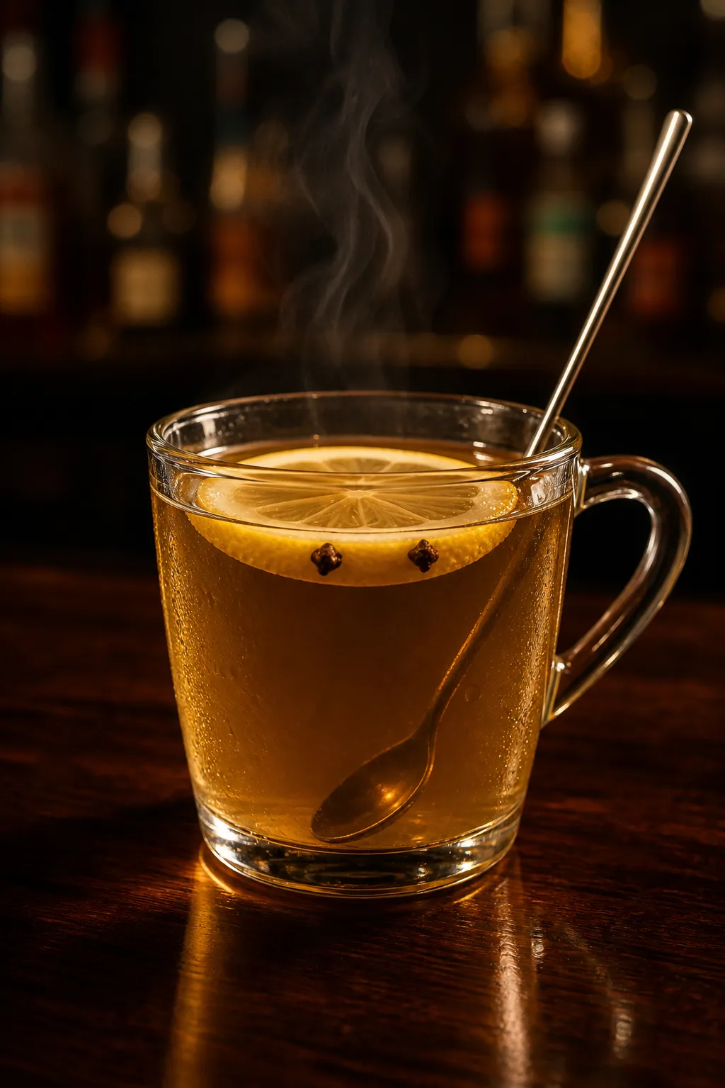 Punschtoddy i toddyglas med ånga, citronskiva och nejlikor
