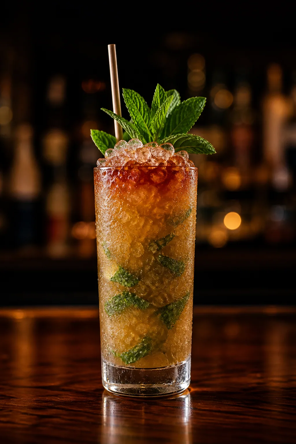 Queen’s Park Swizzle i highballglas med krossis, myntakvist och mörkt bitterlager