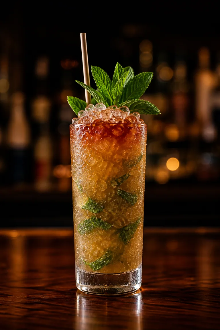 Queen’s Park Swizzle i highballglas med krossis, myntakvist och mörkt bitterlager